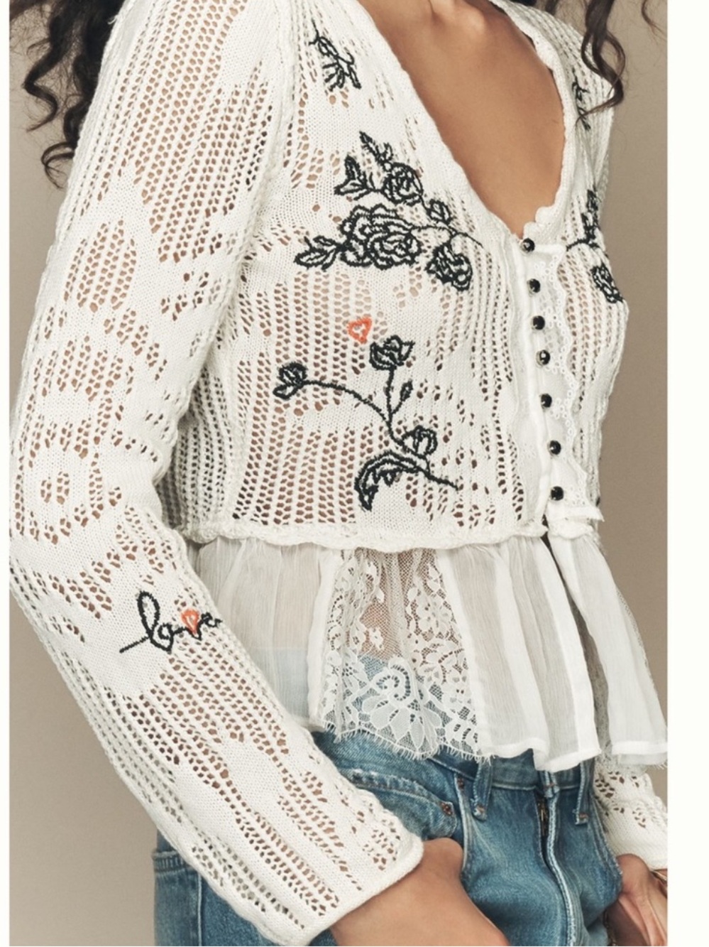 Nwt Lace Knit Button-Front Cardigan Top - White with Black Floral Embroidery